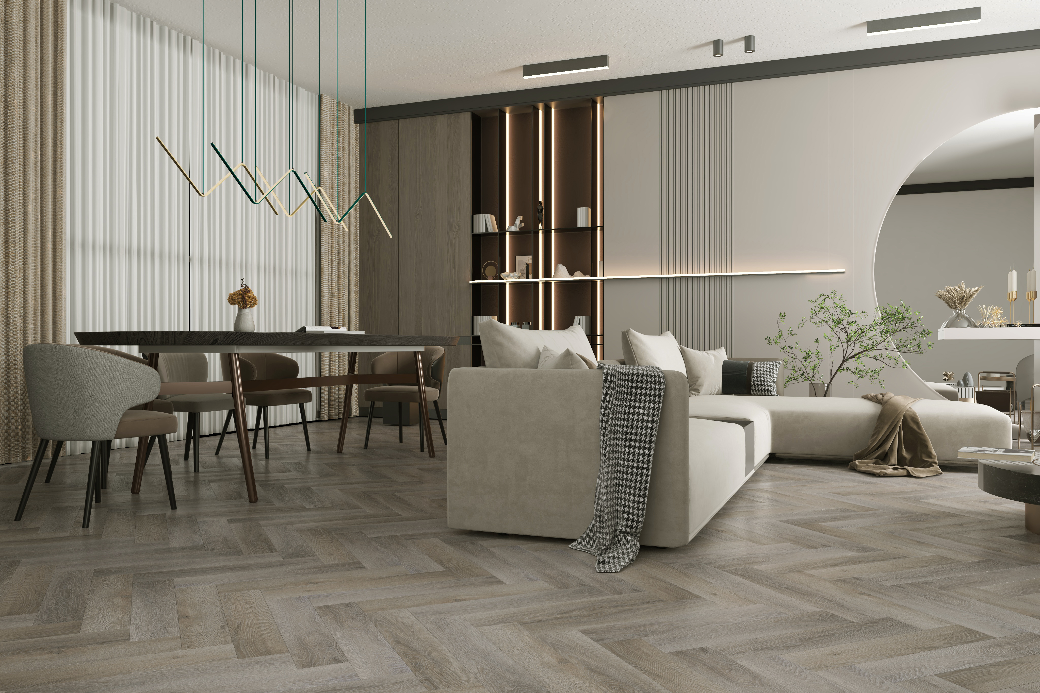 Кварцвиниловый SPC ламинат Home Expert Parquet Дуб Вековой лес 33-2180-01 / 33-3005 венгерская елка 615×123×3,5 фото в интерьере